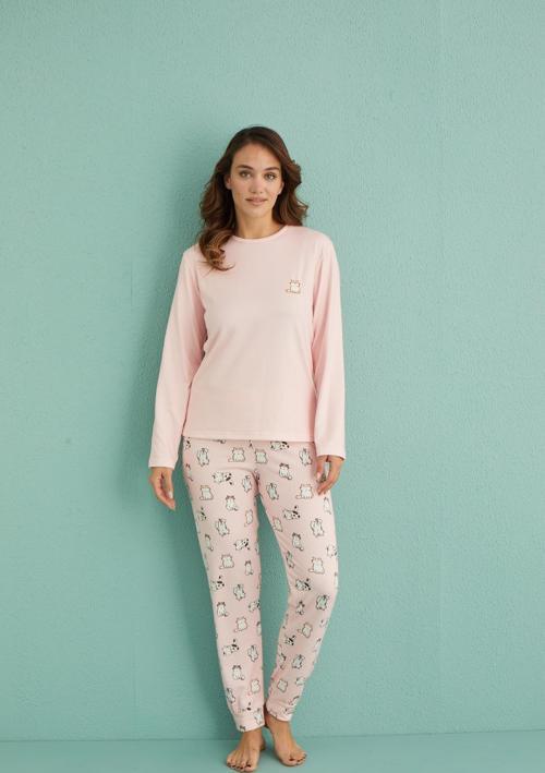 14101-5 Kadın Kedi Desenli Termal Kumaş Uzun Kol Pijama Takım