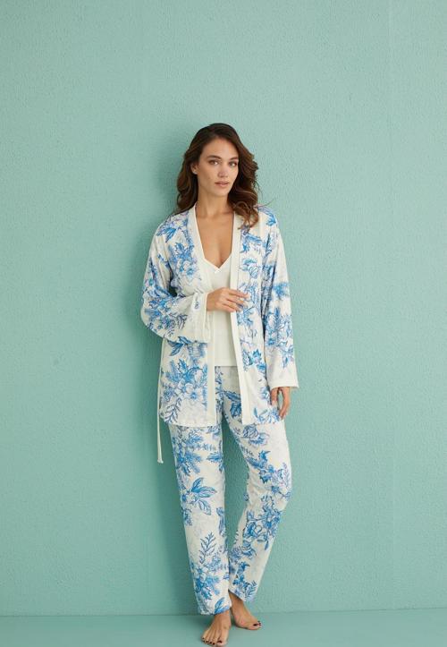 14401-4 Kadın Termal Kumaş 3'lü Sabahlıklı Pijama Takım