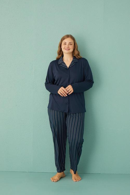 50851-6 Büyük Beden Kadın Çizgili Önden Düğmeli Pijama Takım