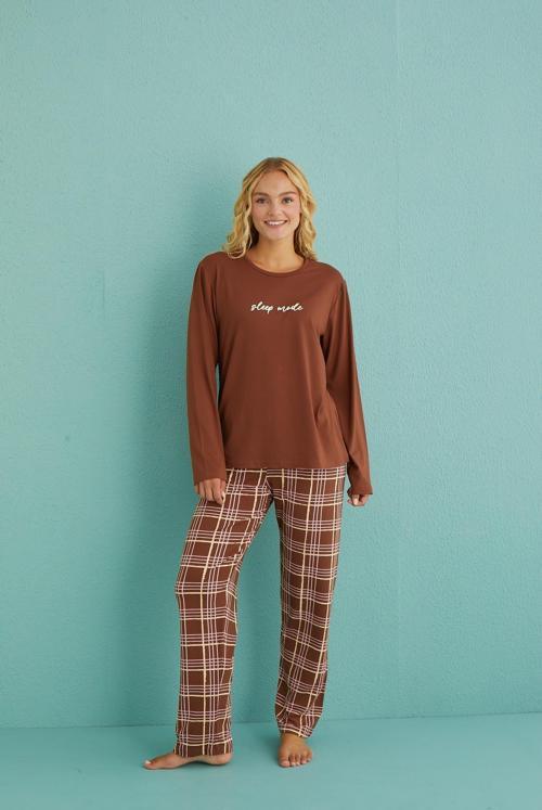 50902-53 Kadın Sleep Mode Ekose Uzun Kollu Pijama Takım