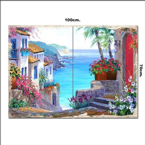 Ahşap Tablo Çiçekli Sokak Ve Deniz 70*100Cm