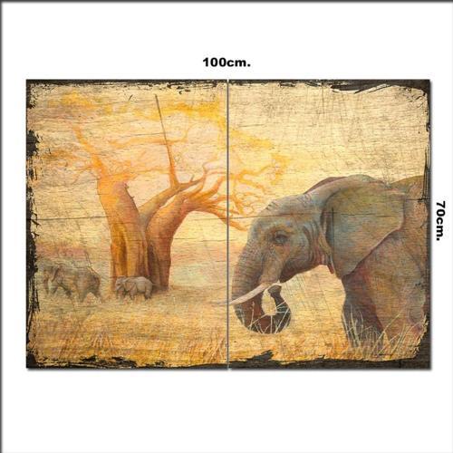 Ahşap Tablo Afrikada Filler Şekilli 70*100Cm