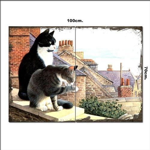 Ahşap Tablo Damdaki Kediler 70*100Cm