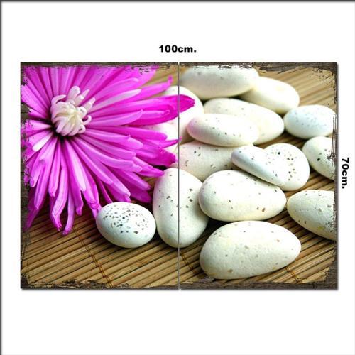 Ahşap Tablo Beyaz Taşlar Ve Çiçek 70*100Cm