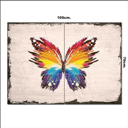 Ahşap Tablo Beyaz Zeminde Renkli Kelebek Baskılı 70*100Cm