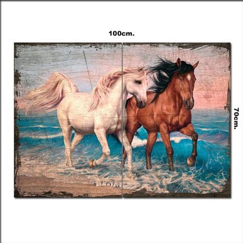 Ahşap Tablo Deniz Kenarında Atlar Şekilli 70*100Cm