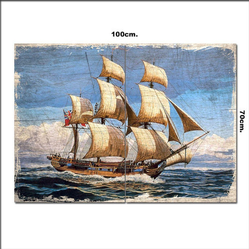 Ahşap Tablo Denizde Yelkenli Gemi Şekilli 70*100Cm