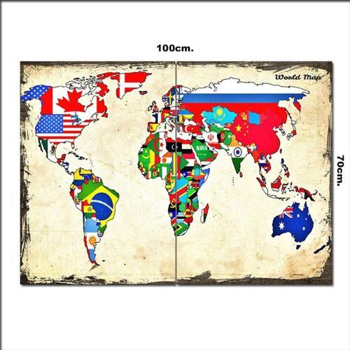 Ahşap Tablo Dünya Haritası Ve Bayraklar 70*100Cm