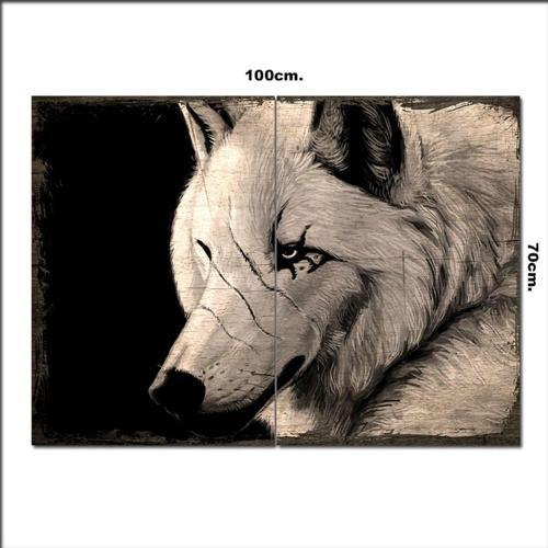 Ahşap Tablo Düşünen Beyaz Kurt Baskılı 70*100Cm