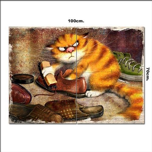 Ahşap Tablo Ayakkabı Boyacı Kedi Baskılı 70*100Cm