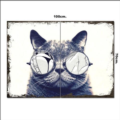 Ahşap Tablo Aynalı Fantastik Kedi Gözlüğü Şekilli 70*100Cm