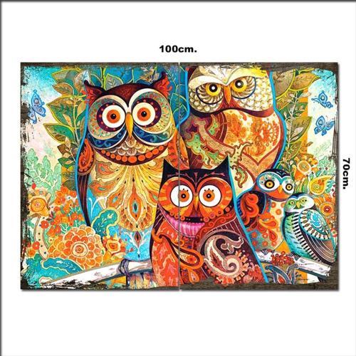 Ahşap Tablo Çiçekli Baykuşlar 70*100Cm