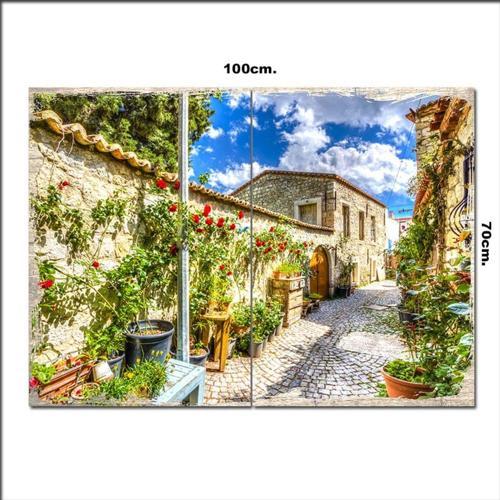 Ahşap Tablo Çiçekli Eski Sokak 70*100Cm
