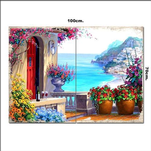Ahşap Tablo Çiçekli Ev Ve Deniz 70*100Cm