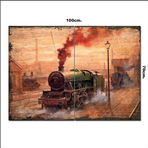 Ahşap Tablo Eski Kara Tren Resim Şekilli 70*100Cm