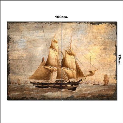 Ahşap Tablo Kahve Rengi Yelkenli Gemiler Desenli 70*100Cm