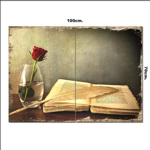 Ahşap Tablo Gül Ve Kitap 70*100Cm