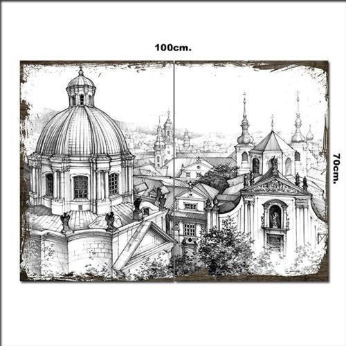 Ahşap Tablo Kara Kalem Eski Evler 70*100Cm