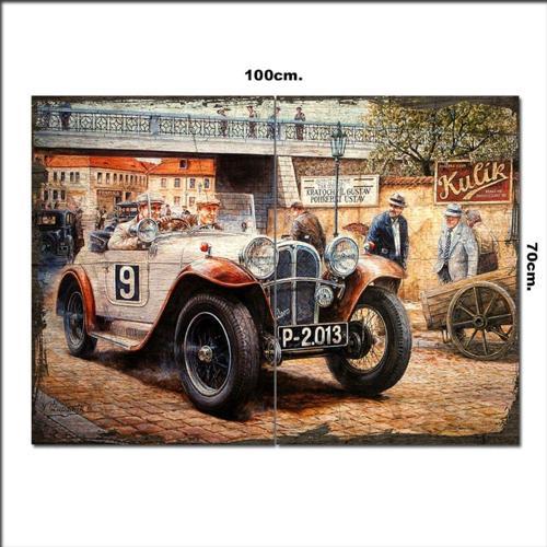 Ahşap Tablo Eski Yarış Otomobilleri Baskılı 70*100Cm