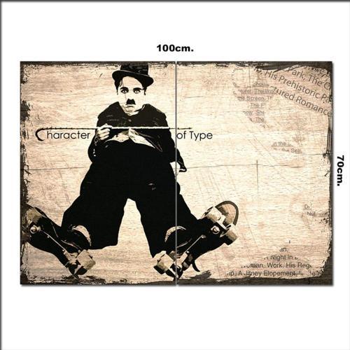 Ahşap Tablo Kaykay Ve Charlie Chaplin Desenli 70*100Cm