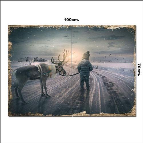 Ahşap Tablo Fantastik Kış Geyik Çocuk 70*100Cm