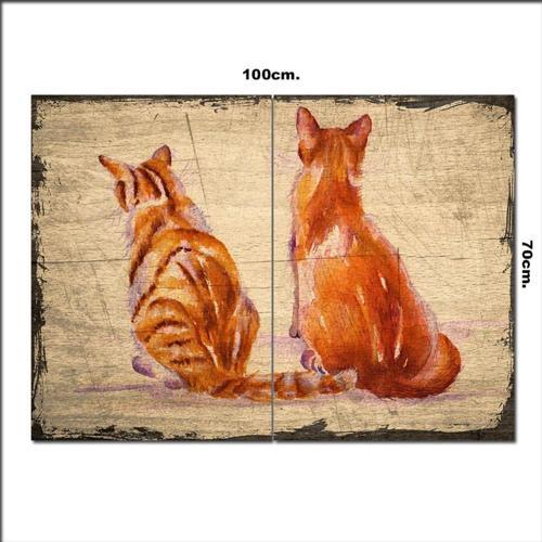 Ahşap Tablo İki Sarı Kedi Baskılı 70*100Cm