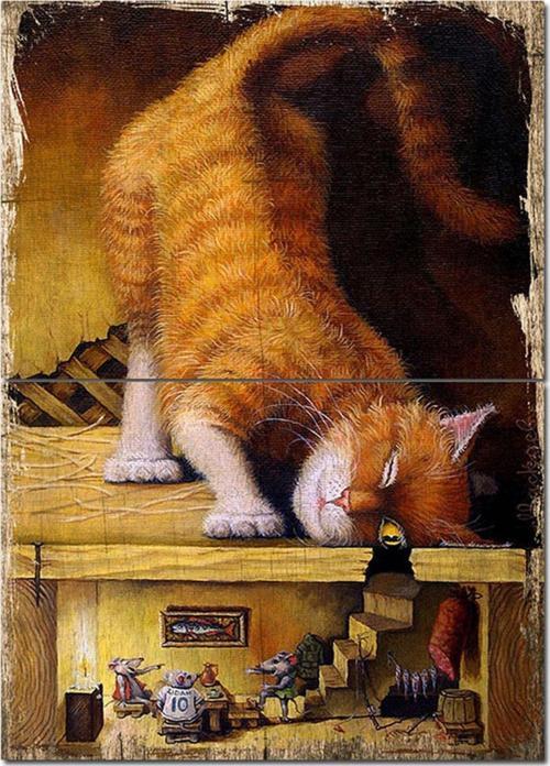 Ahşap Tablo Farelere Bakan Kedi Dekoratif Ahşap Tablo