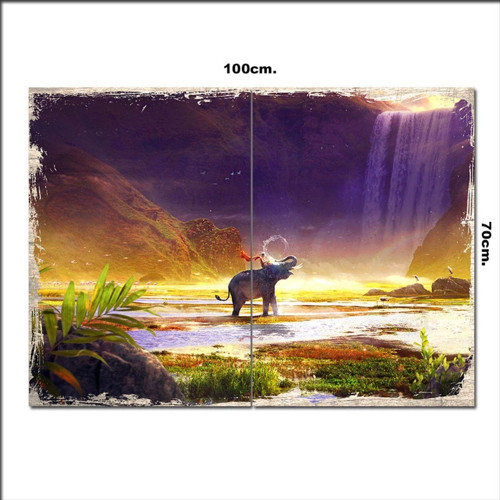 Ahşap Tablo Fil Ve Şelale 70*100Cm