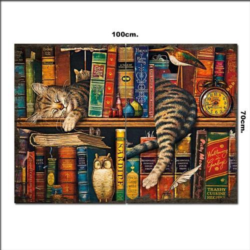 Ahşap Tablo Kitaplık Baykuş Kedi Baskılı 70*100Cm