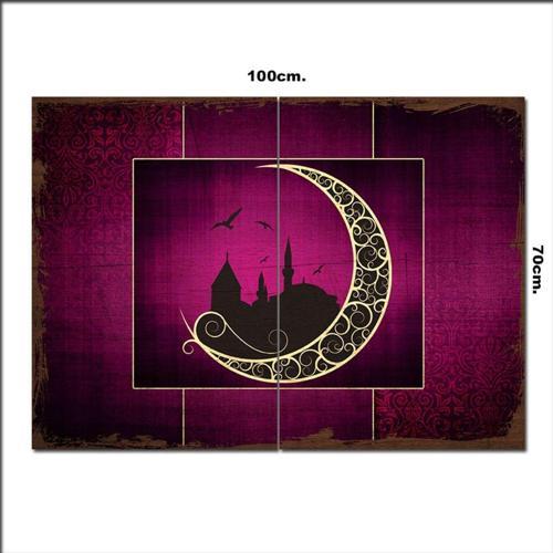 Ahşap Tablo Mor Zeminde Cami Ve Ay Şekilli 70*100Cm