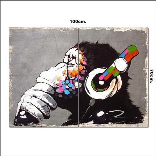 Ahşap Tablo Müzik Dinleyen Maymun 70*100Cm