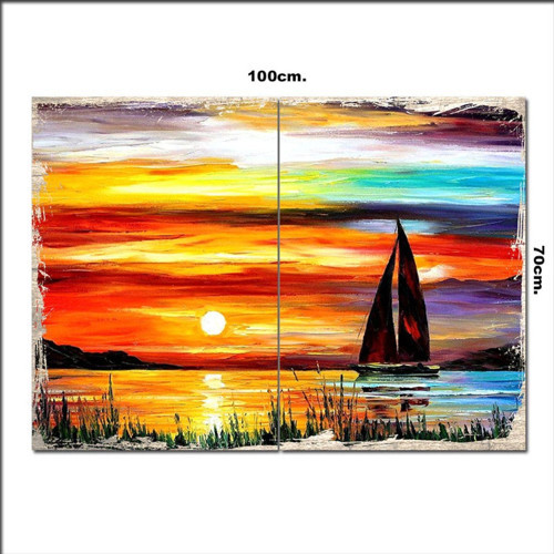 Ahşap Tablo Renkli Gün Batımı Ve Deniz 70*100Cm