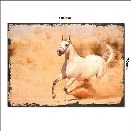 Ahşap Tablo Neşe İle Koşan Beyaz At Tarz 70*100Cm
