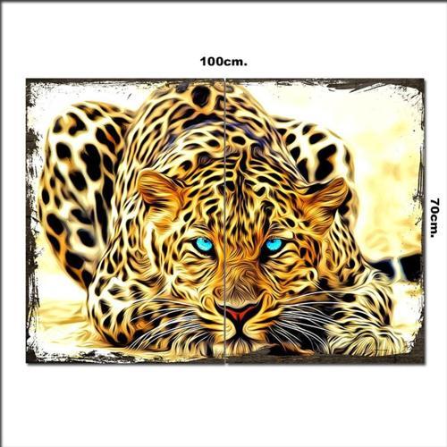 Ahşap Tablo Mavi Gözlü Leopar Desenli 70*100Cm