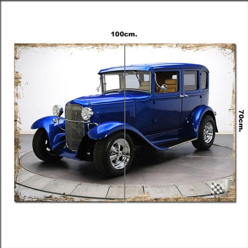 Ahşap Tablo Mavi Renk Antika Otomobil 70*100Cm