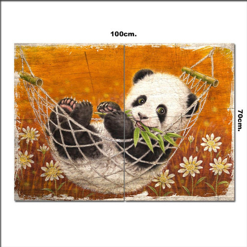 Ahşap Tablo Sevimli Panda Ve Hamak Keyfi 70*100Cm