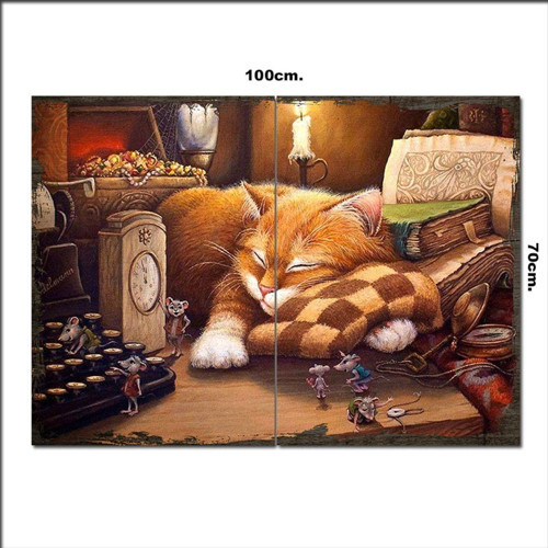 Ahşap Tablo Uykucu Kedi Ve Fareler Görseli 70*100Cm