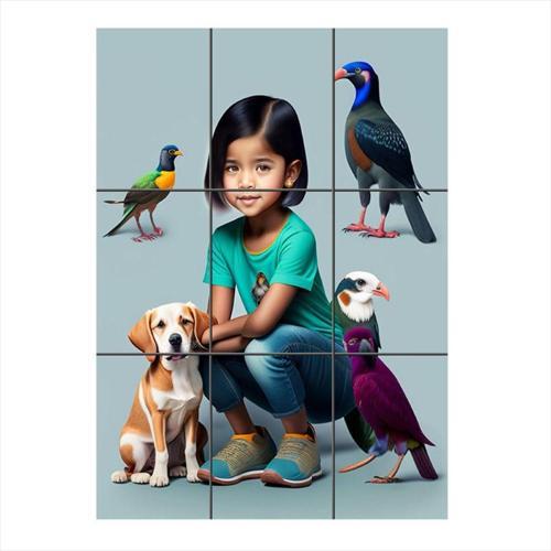 Kız Ve Hayvanlar Tasarım 9 Parça Puzzle Tablo