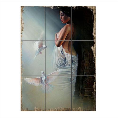 Kadın Ve Beyaz Güvercinler Temalı 9 Parça Puzzle Tablo