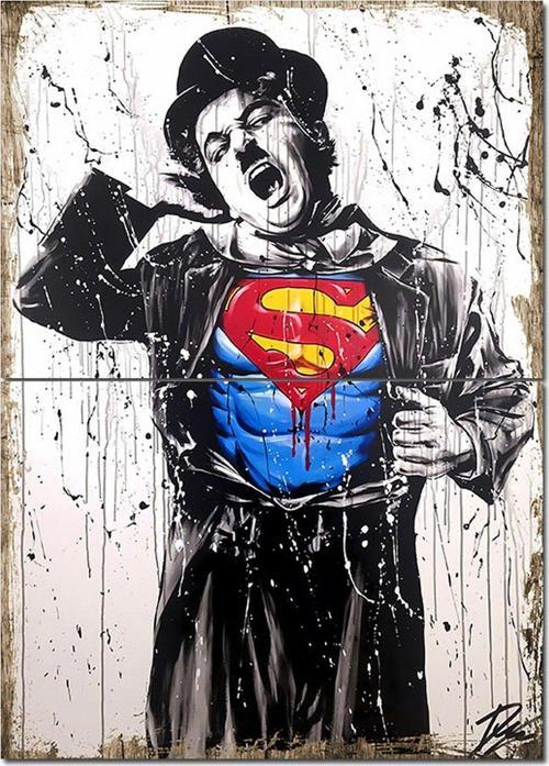 Superman Charlie Chapline Dekoratif Ahşap Tablo 70Cmx 100Cm