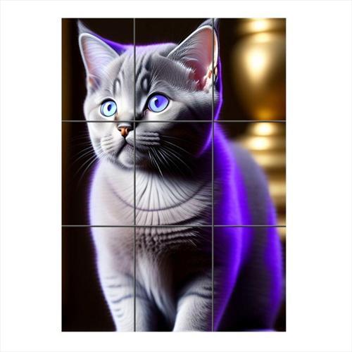 Mavi Gözlü Gri Kedi Mdf 9 Parça Puzzle Tablo
