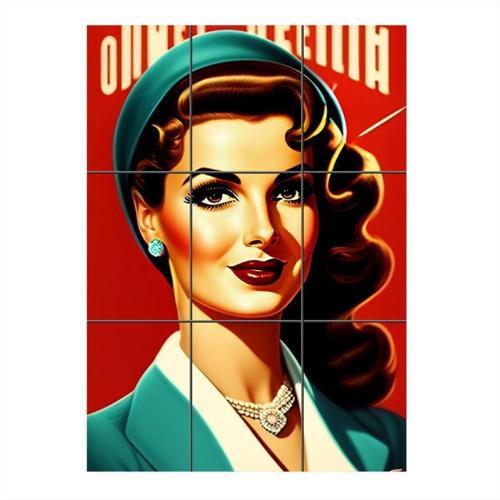 Retro Kadın Tasarım Ahşap 9 Parça Puzzle Tablo