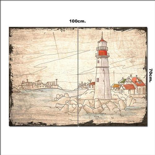 Ahşap Tablo Şehir Ve Deniz Feneri Baskılı 70*100Cm
