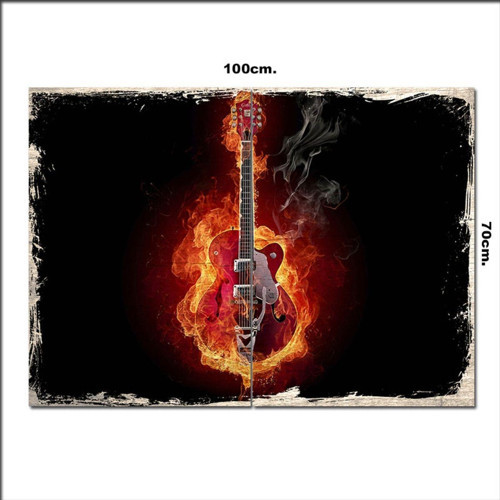 Ahşap Tablo Yanan Gitar Görseli 70*100Cm