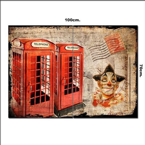 Ahşap Tablo Telefon Kulubeleri Ve Palyaço Baskılı 70*100Cm