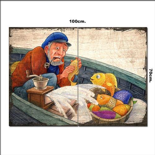 Ahşap Tablo Yaşlı Adam Altın Balıklar Baskılı 70*100Cm