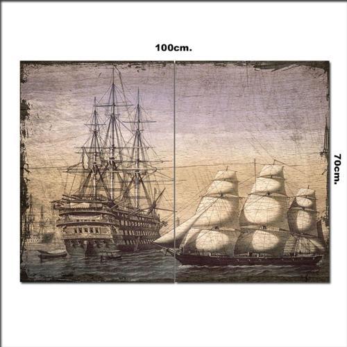 Ahşap Tablo Yelkenli Eski Savaş Gemisi Şekilli 70*100Cm