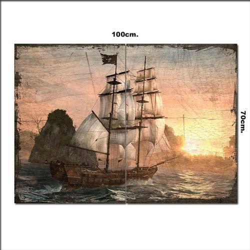 Ahşap Tablo Yelkenli Gemi Dalgalar Baskılı 70*100Cm