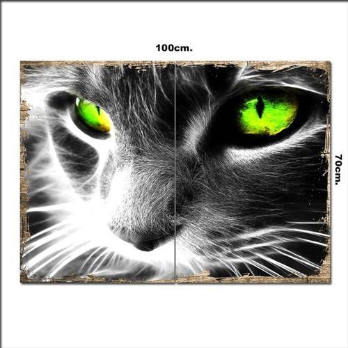 Ahşap Tablo Yeşil Göz Kedi 70*100Cm