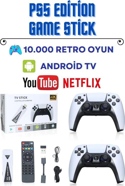 4k Android TV Wifi Kablosuz Çift Kol Retro Oyunlar Game Stick 64gb Hafıza 10000 Oyun Atari